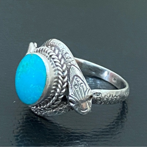 Vintage 925 Sterling Silver Turquoise Double Head Snake Southwestern Ring Size 9 - Picture 2 of 16